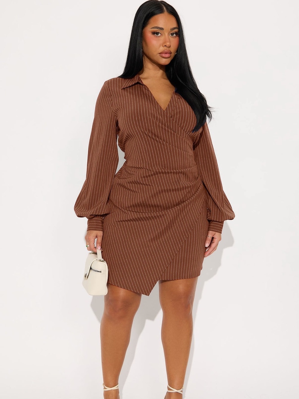 Fashion Nova Pinstripe Wrap Shirt Dress in Brown